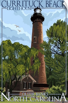 Currituck Beach Lighthouse Day Scene - Outer Banks, North Carolina: Retro Travel Poster