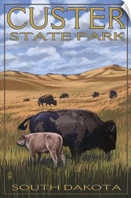 Custer State Park - Buffalo Herd and Calf: Retro Travel Poster