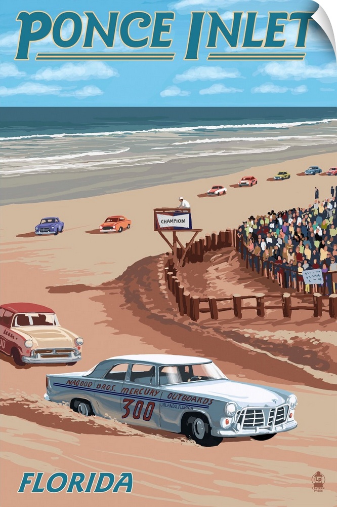 Dayton Beach Race Scene, Ponce Inlet, FL: Retro Travel Poster