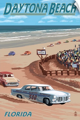 Daytona Beach, FL - Daytona Beach Racing Scene: Retro Travel Poster