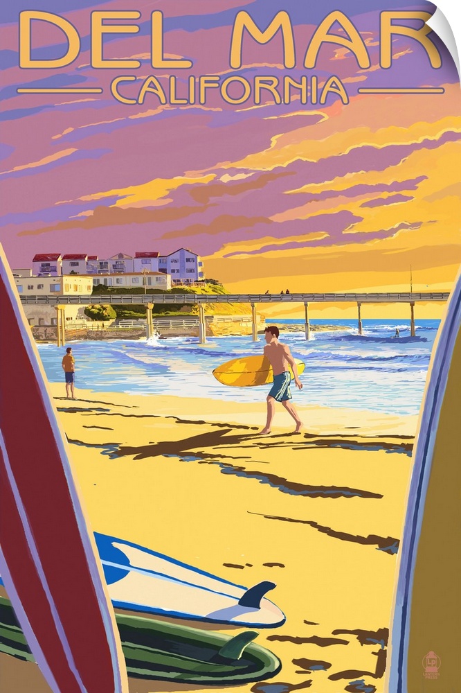 Retro stylized art poster of a surfer on the beach at night, with a pier in the background.