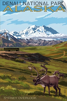 Denali National Park, Alaska - Caribou and Stoney Overlook: Retro Travel Poster