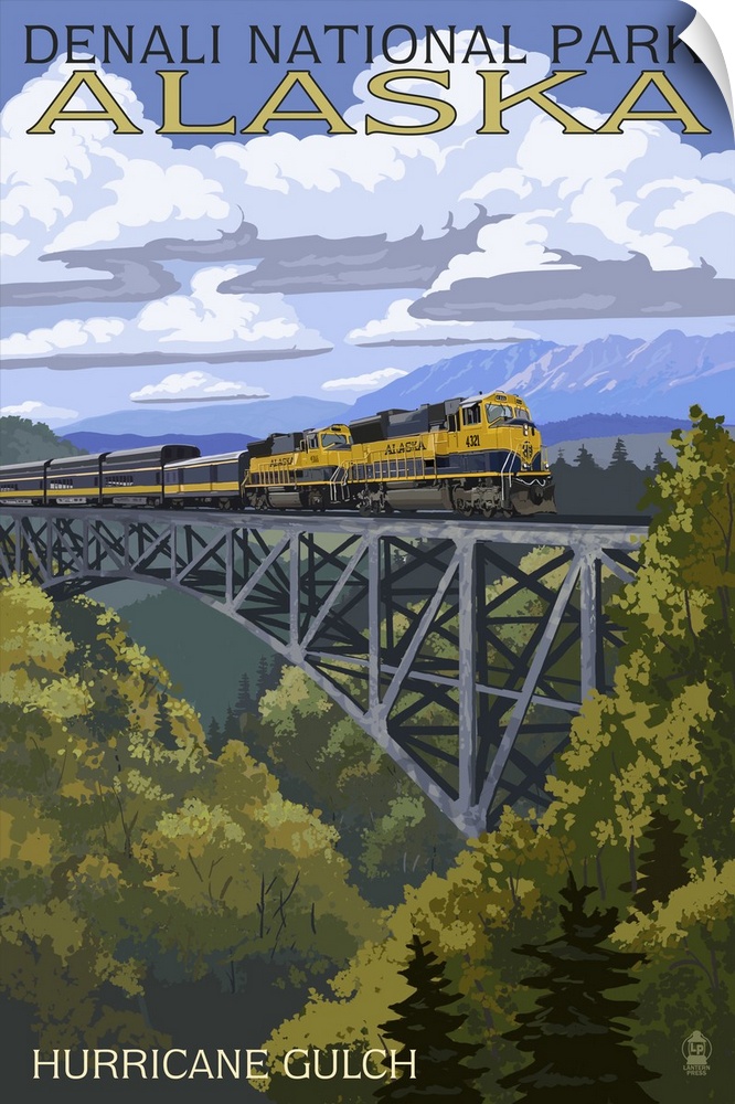 A retro stylized art poster of a wildnerness landscape of an iron wrough arch bridge being crossed by a train.