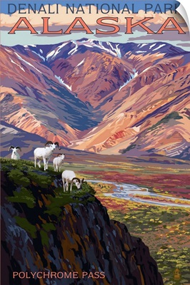 Denali National Park, Alaska - Polychrome Pass: Retro Travel Poster