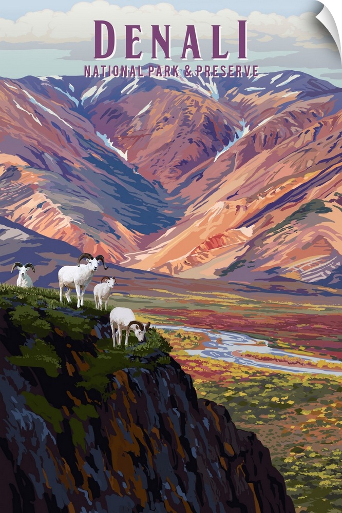 Denali National Park and Preserve, Bighorn Sheep: Retro Travel Poster