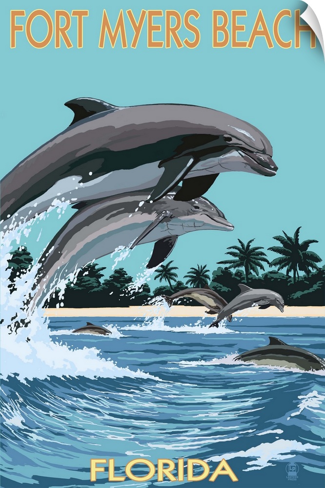 Retro stylized art poster of a mother and calf dolphin leaping out of the water in unison.