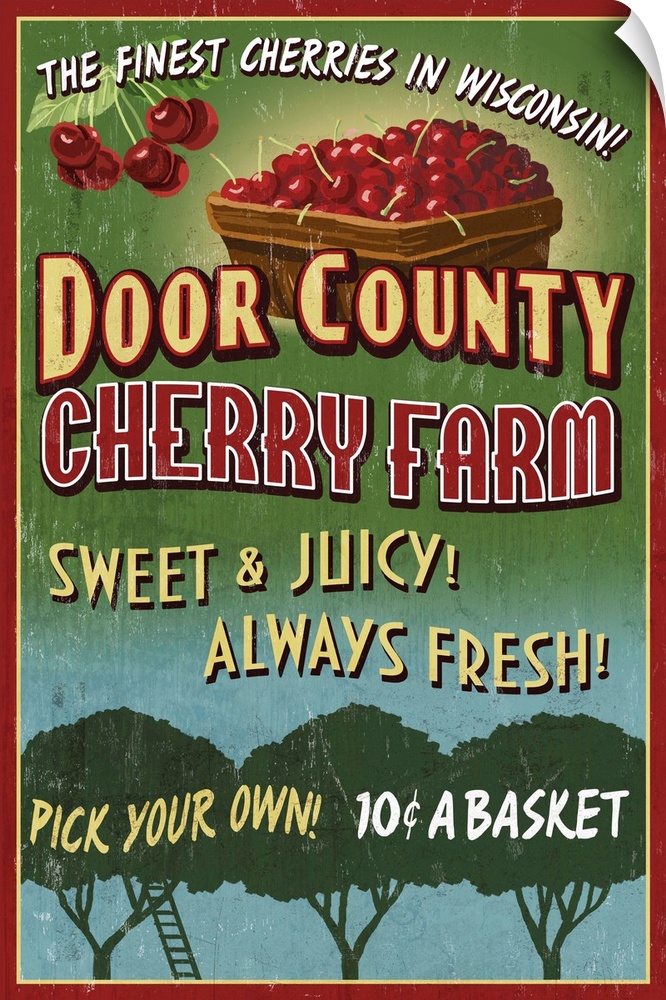 Door County, Wisconsin - Cherry Vintage Sign: Retro Travel Poster