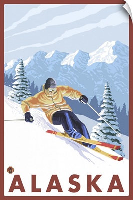 Downhhill Snow Skier - Alaska: Retro Travel Poster