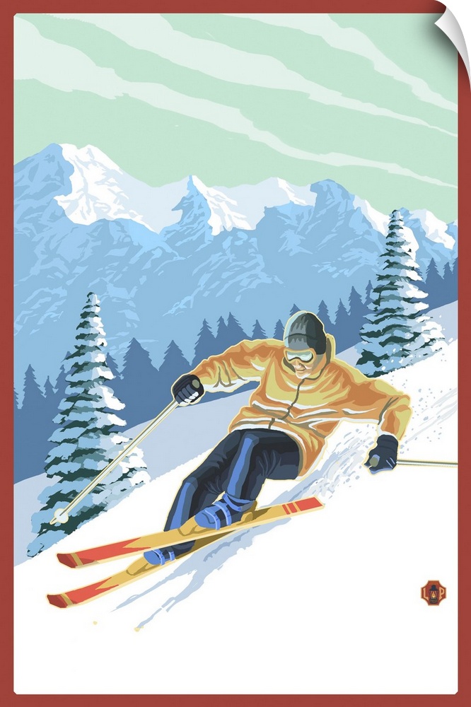 Retro stylized art poster of a downhill skier, with a mountain range in the background.