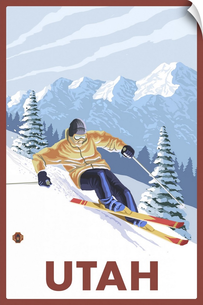 Downhill Snow Skier - Utah: Retro Travel Poster