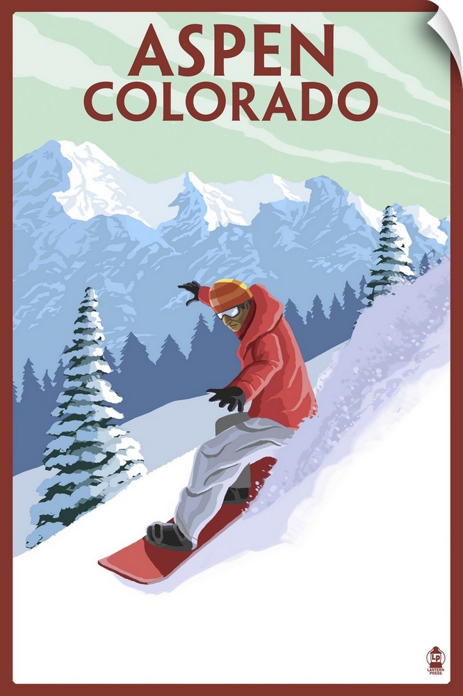 A stylized poster of a man snowboarding down a moutain of powdery snow.