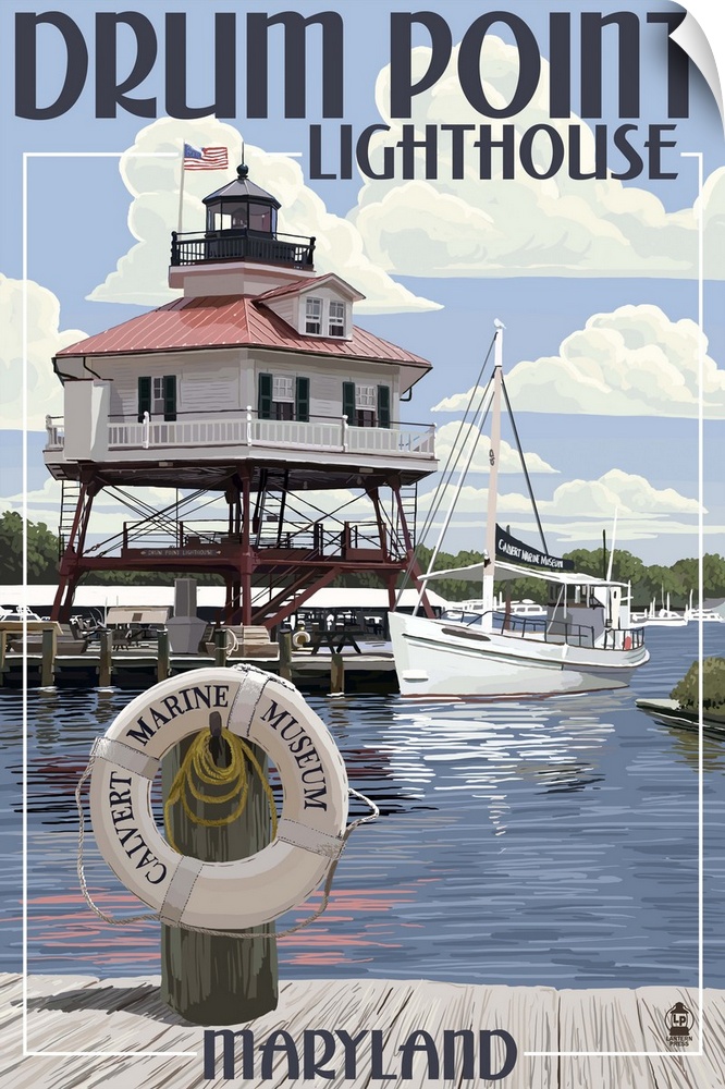 Retro stylized art poster of a lighthouse stilted over the water in a harbor, with a boat and a dock.