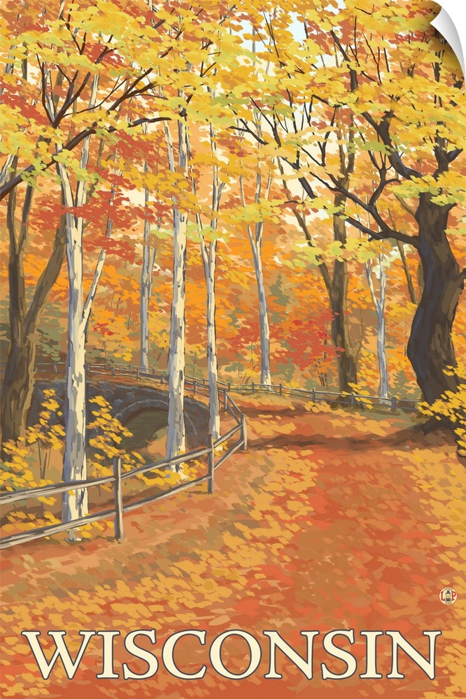 A stylized art poster of a road through an autumn forest that passes over a stone arch bridge.
