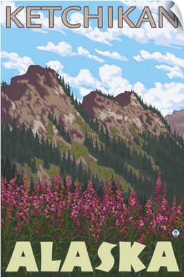Fireweed and Mountains - Ketchikan, Alaska: Retro Travel Poster