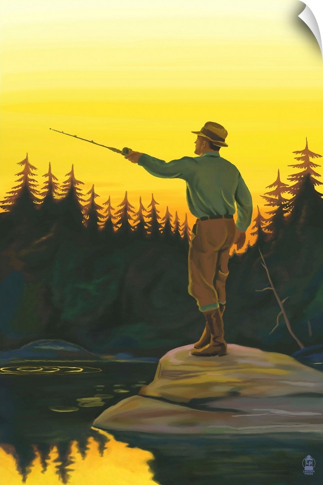Retro stylized art poster of a fisherman casting his line.