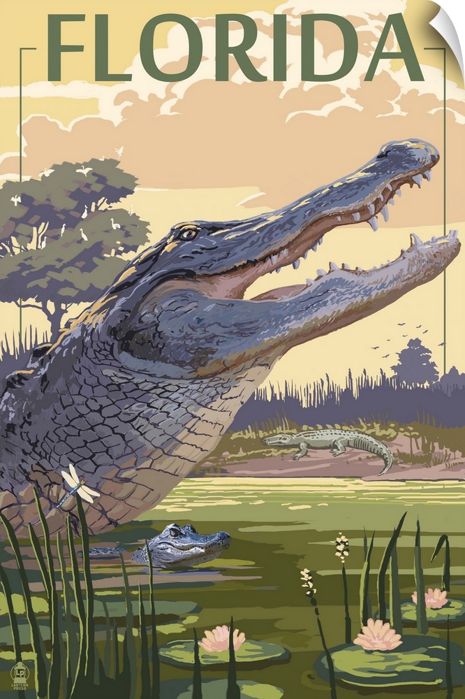 Retro stylized art poster of a mother alligator with its baby wading in a swamp.