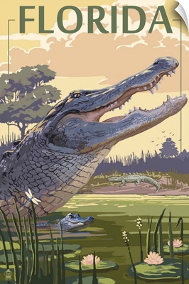 Florida - Alligator Scene: Retro Travel Poster