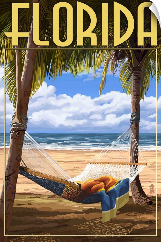 Retro stylized art poster of a hammock tied up between two palm trees on a beach.