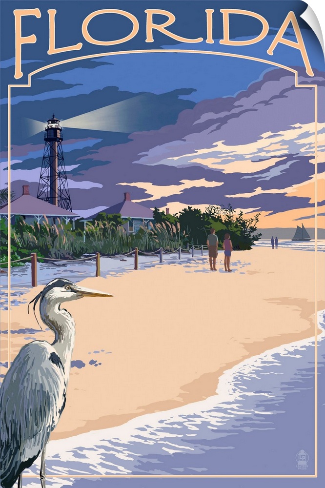 Retro stylized art poster of a blue heron on a beach, with a lighthouse in the background.