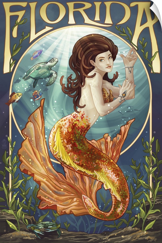 Retro stylized art poster of an Art Nouveau style mermaid.