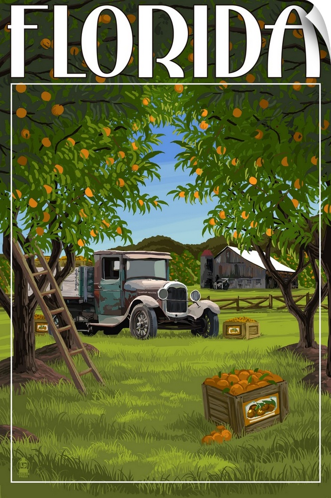 Retro stylized art poster of a vintage truck sitting in an orange orchard.