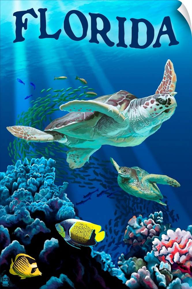 Retro stylized art poster of a sea turtles swimming in the ocean, near small tropical fish and coral.