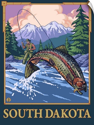 Fly Fisherman - South Dakota: Retro Travel Poster