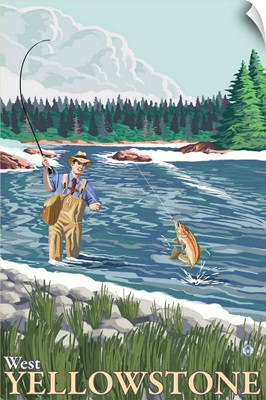 Fly Fisherman - West Yellowstone, Montana: Retro Travel Poster