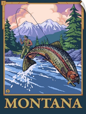 Fly Fishing Scene - Montana: Retro Travel Poster