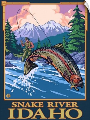Fly Fishing Scene - Snake River, Idaho: Retro Travel Poster
