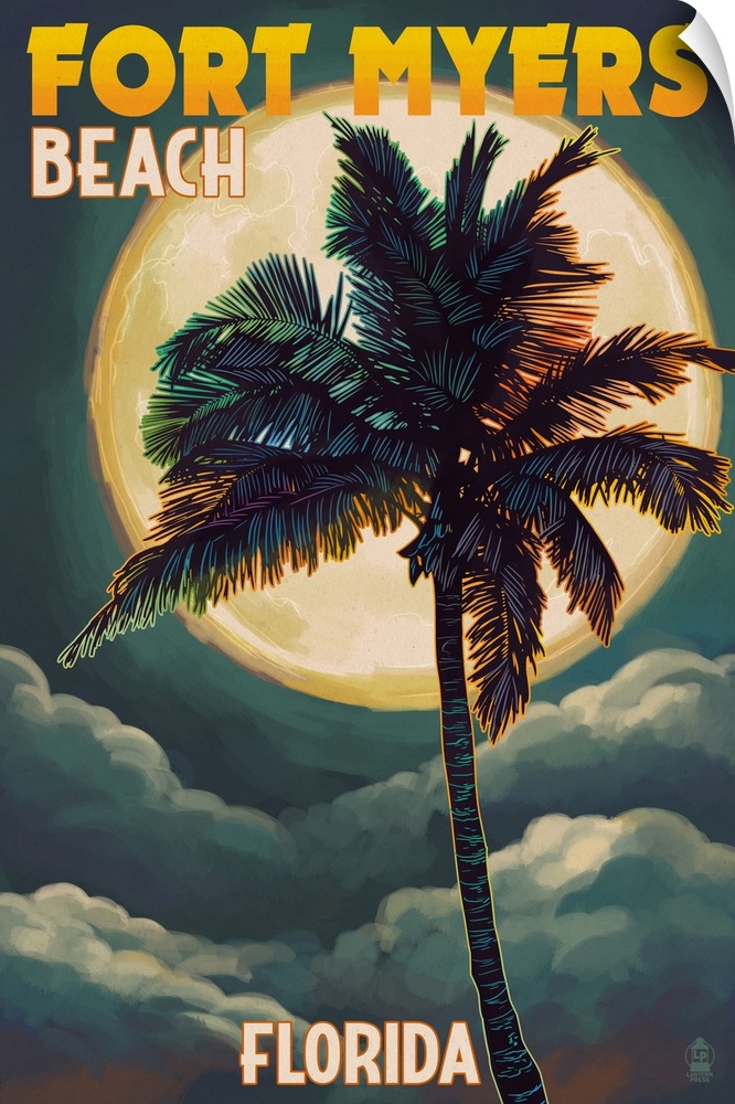 Fort Myers Beach, Florida - Palms and Moon: Retro Travel Poster