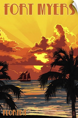 Fort Myers, Florida - Sunset and Ship: Retro Travel Poster