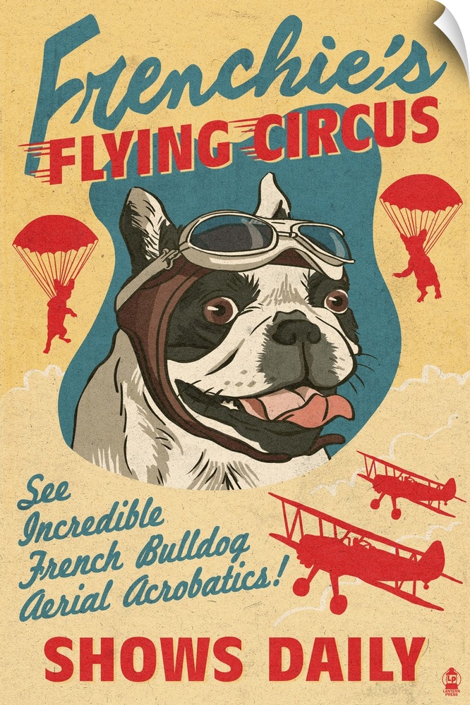 Parody retro advertisement featuring a French Bulldog airshow.