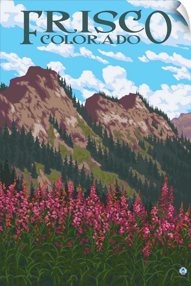 Retro stylized art poster of fireweed flowers in a field, with mountains in the background.
