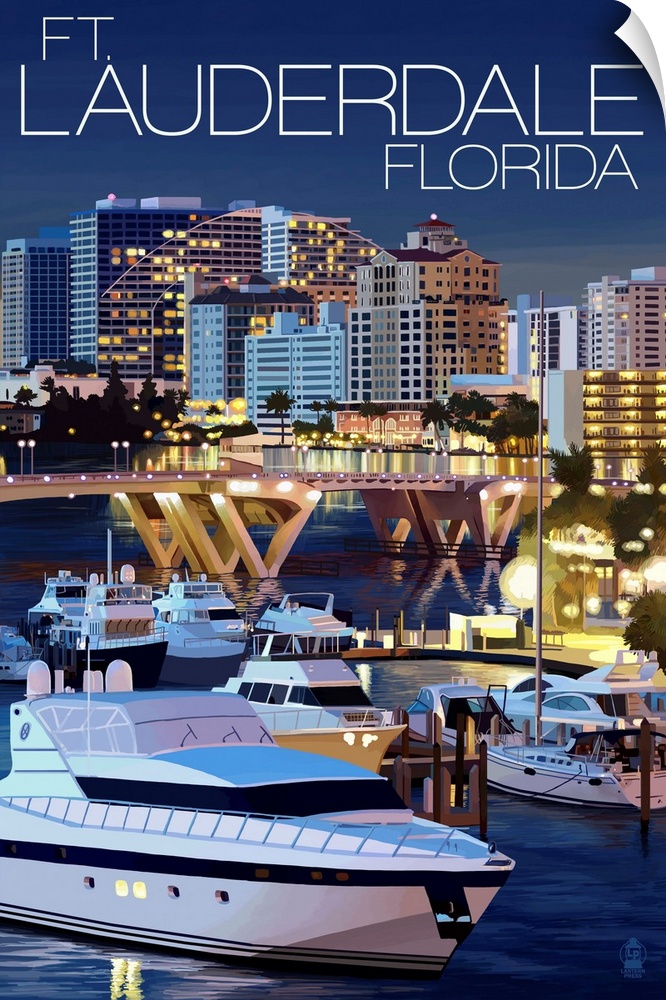 Retro stylized art poster of different scenes from Fort Lauderdale waterfront.