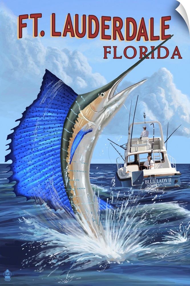 Retro stylized art poster of a large sailfish leaping out of the water in front of a deep sea fishing boat.