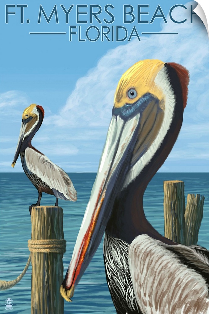 Retro stylized art poster of two pelicans perched on wooden poles in the water.