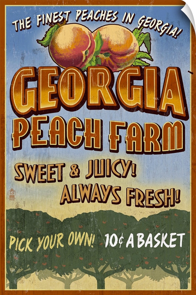 Retro stylized art poster of a vintage sign displaying Georgia peaches, with a lush peach trees at the bottom of the image.