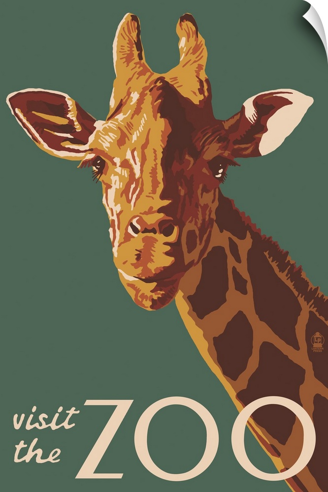 Giraffe Up Close - Visit the Zoo: Retro Travel Poster