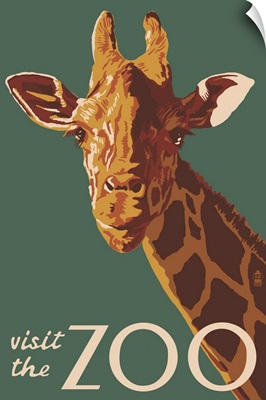 Giraffe Up Close - Visit the Zoo: Retro Travel Poster
