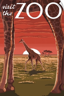 Giraffe - Visit the Zoo: Retro Travel Poster