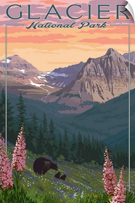 Glacier National Park, Bear & Cubs: Retro Travel Poster