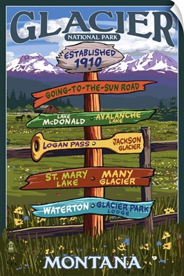 Glacier National Park, Destination Sign: Retro Travel Poster