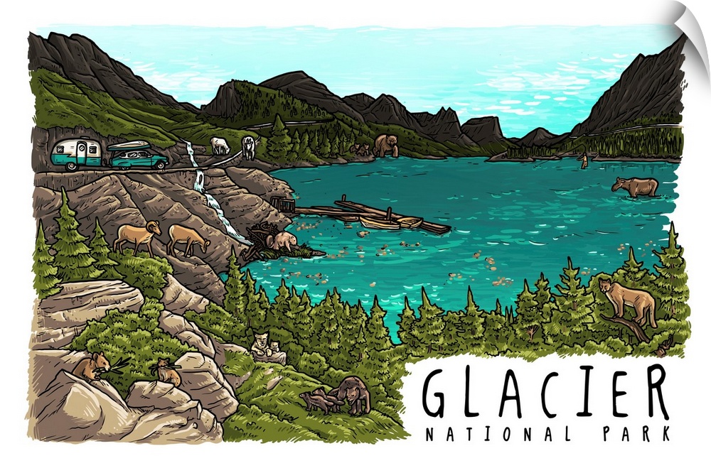 Glacier National Park, Montana - Line Drawing