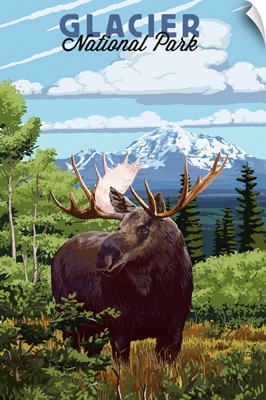 Glacier National Park, Moose: Retro Travel Poster