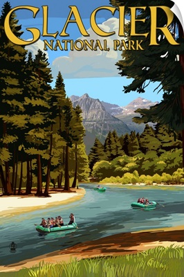 Glacier National Park, Wild Water Rafting: Retro Travel Poster