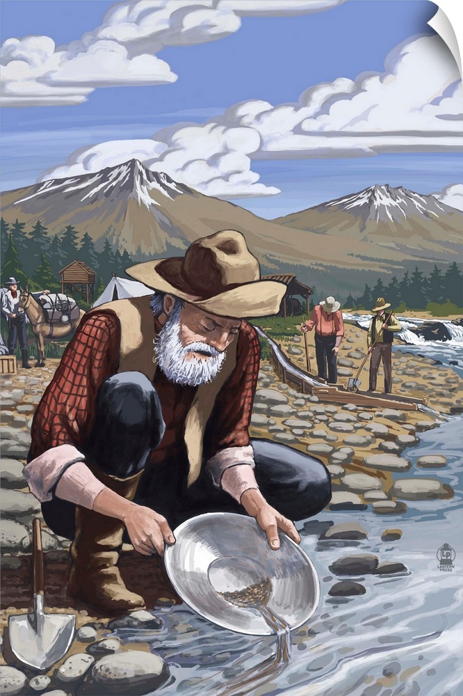 Retro stylized art poster of an old man kneeling down beside stream, panning for gold.
