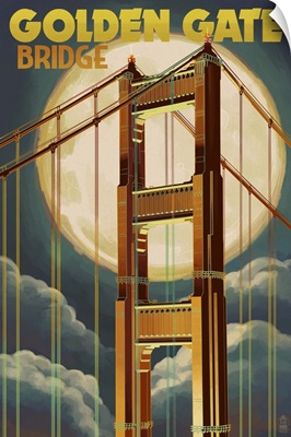 Golden Gate Bridge and Moon - San Francisco, CA: Retro Travel Poster