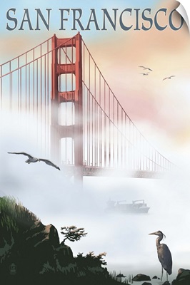 Golden Gate Bridge in Fog - San Francisco, California: Retro Travel Poster