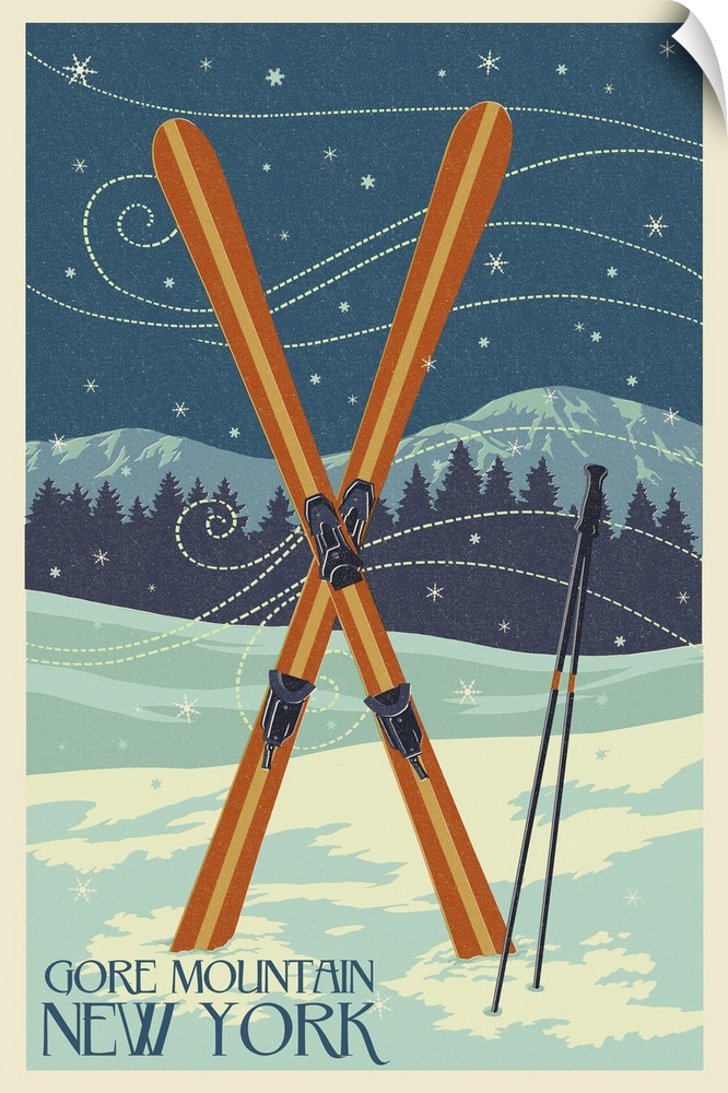 Gore Mountain, New York - Crossed Skis - Letterpress: Retro Travel Poster